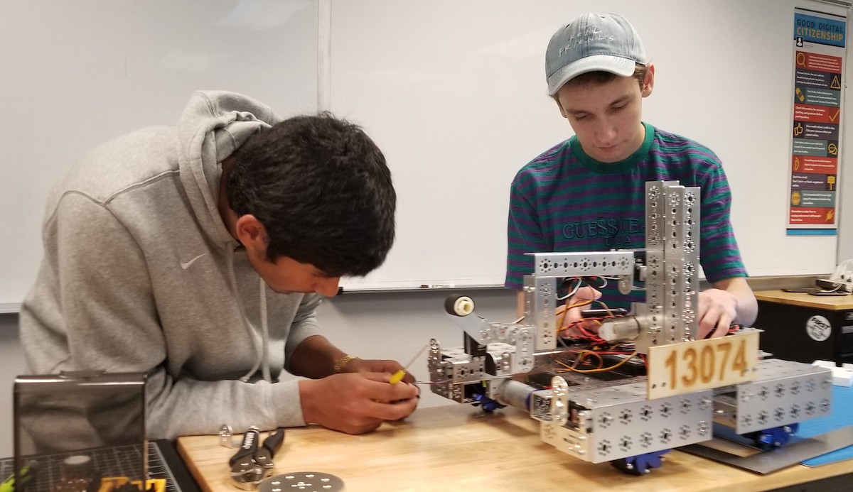 Sam A and Sam H at Robotics practice, October 26, 2019