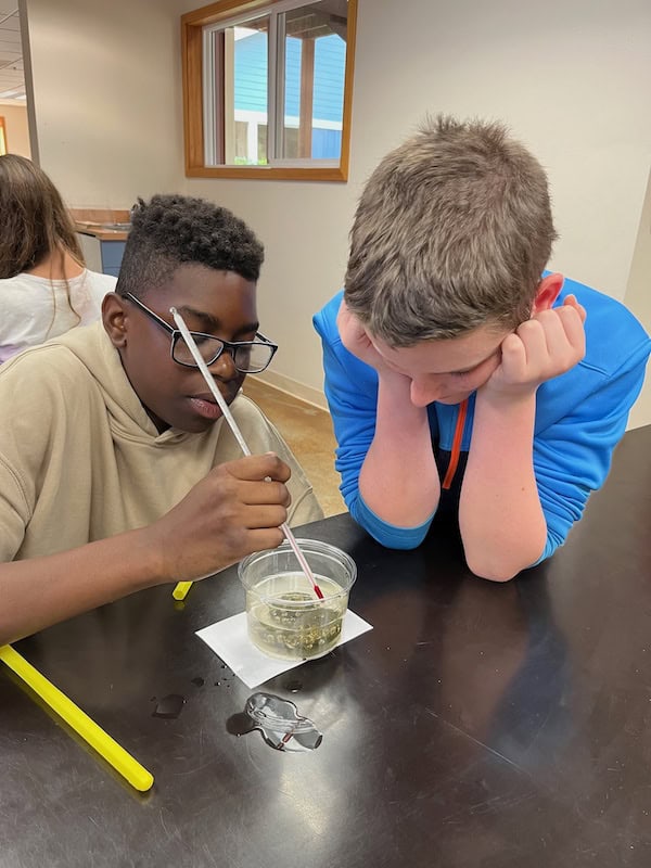 Gr_6-7_Marine_Science_Sept-04-2025_Barnacles_4 Two 7th Grade students studying barnacles in Marine Science class