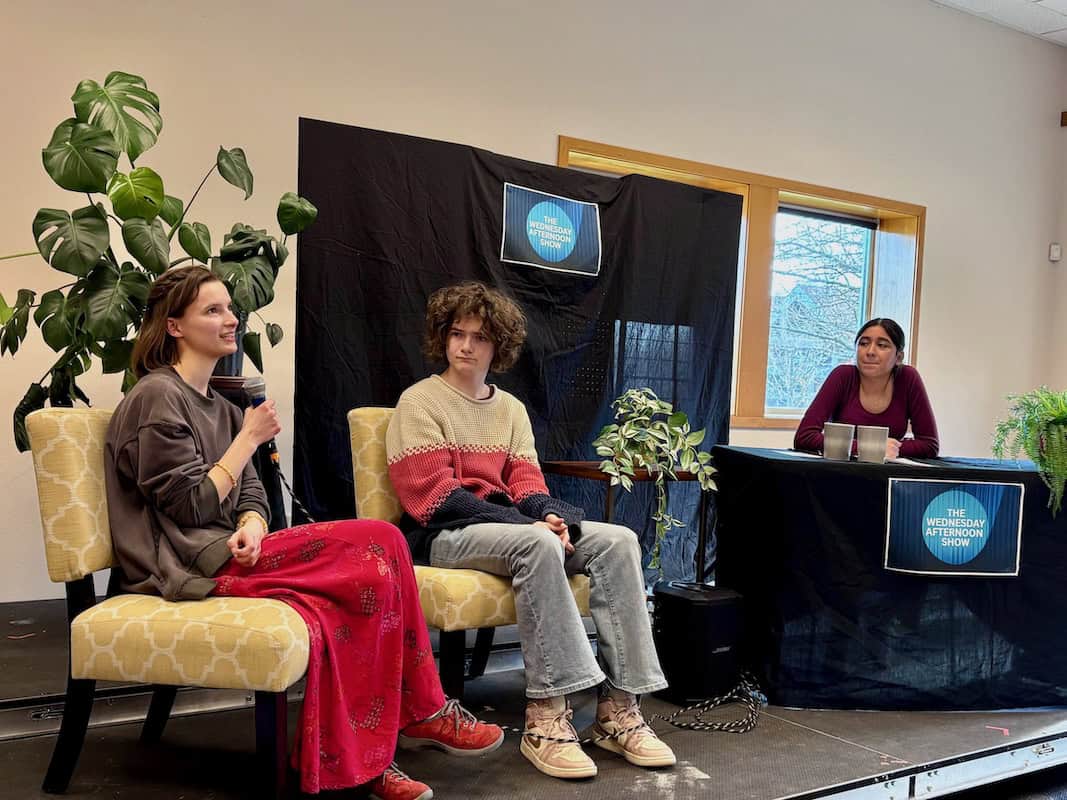 WSA Seniors Caitlin McLain and Wyatt McCrery with talk show host Sofia Rios