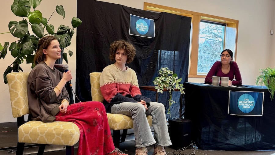 WSA Seniors Caitlin McLain and Wyatt McCrery with talk show host Sofia Rios