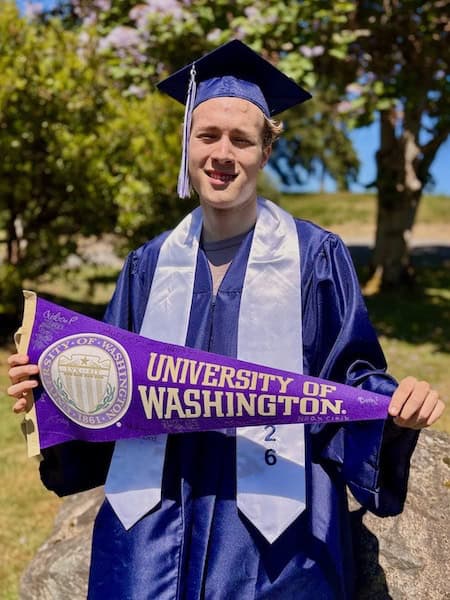 Julian Erickson with his college pennant on Declaration Day, May 27, 2026