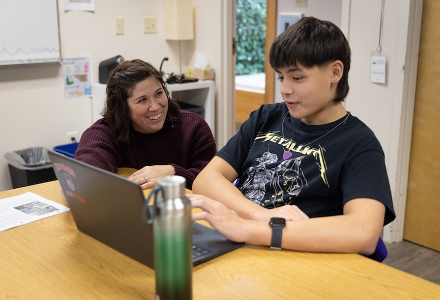 US_Humanities_teacher_Allison_Heuschele_with_student Upper School History teacher with student