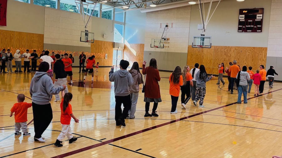 WSA students and staff dancing with Chief Kitsap Academy students and children from the Early Learning Center